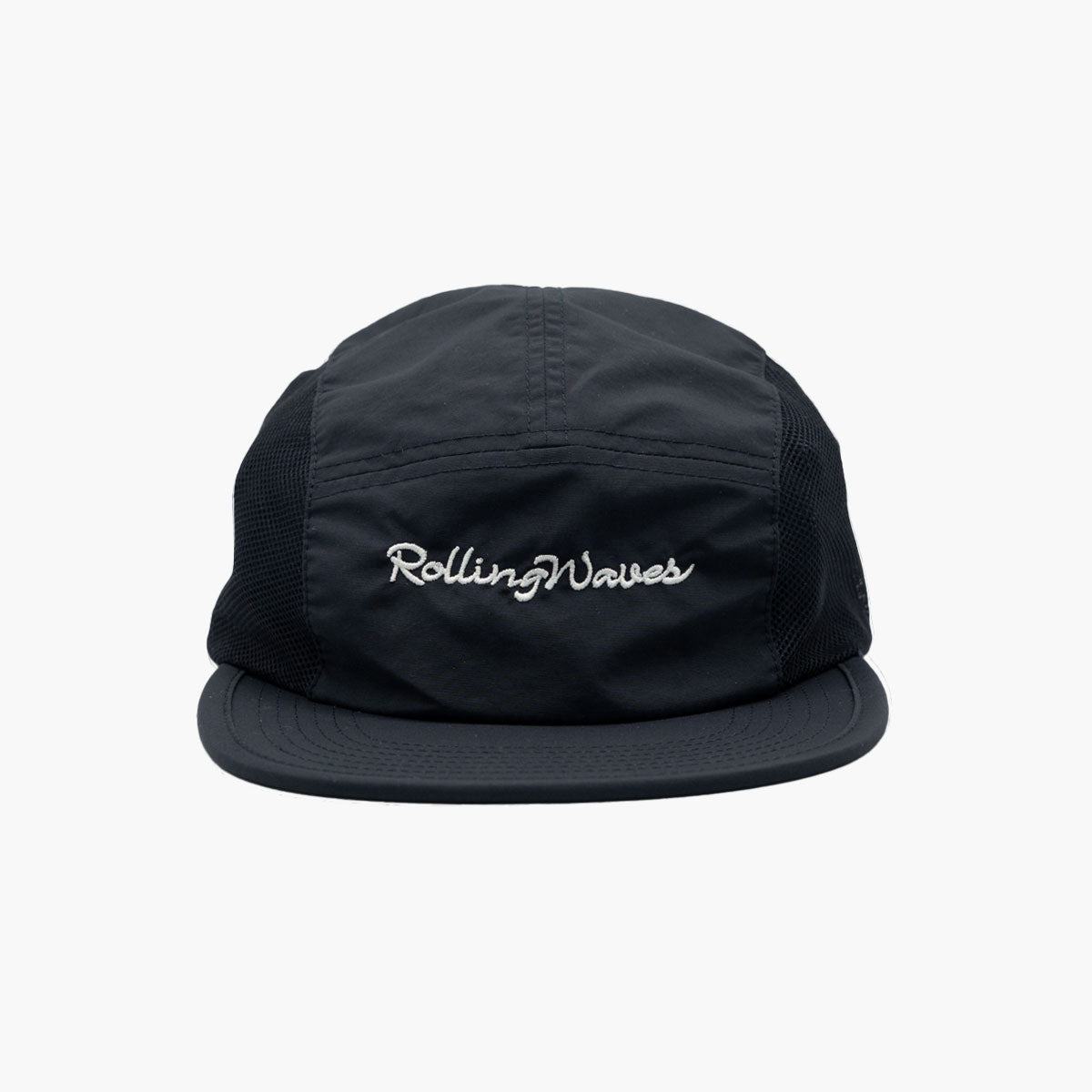 Front view of Rolling Waves Active 5-Panel Hat in dark blue with bone color designs, recycled nylon performance cap with mesh panels and UPF 50+ protection