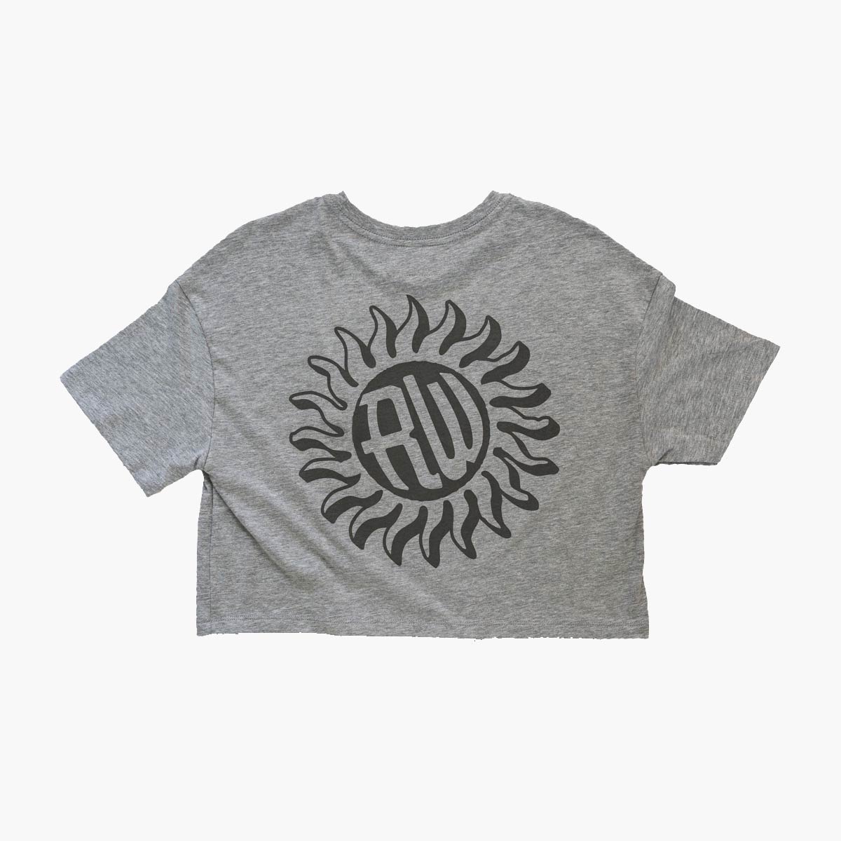 Flow Crop back view showing large sun graphic design in gold on green cropped tee - Rolling Waves lifestyle wear