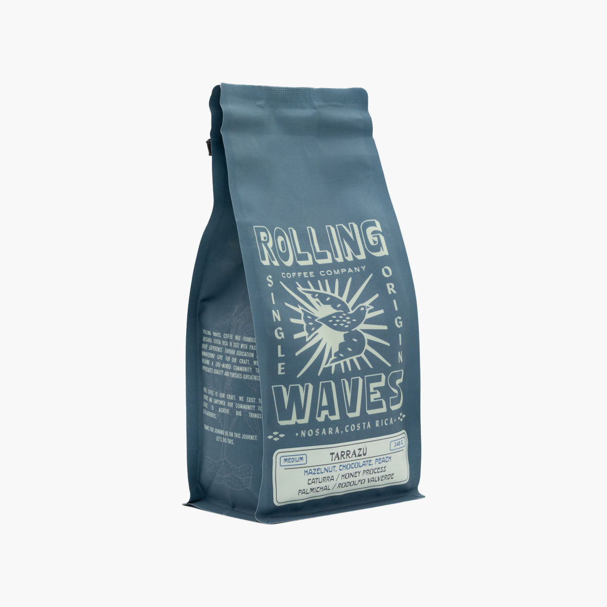 Side angle of Palmichal single origin coffee bag from Tarrazu, Costa Rica, roasted by Bocanegra Coffee Roasters, available at Rolling Waves Nosara