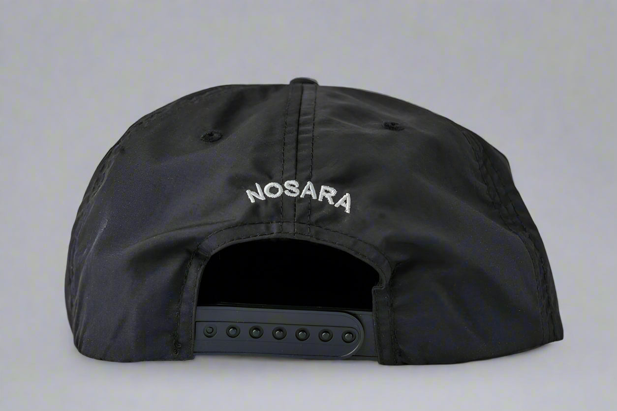 Black cap with 'NOSARA' branding on a gray background