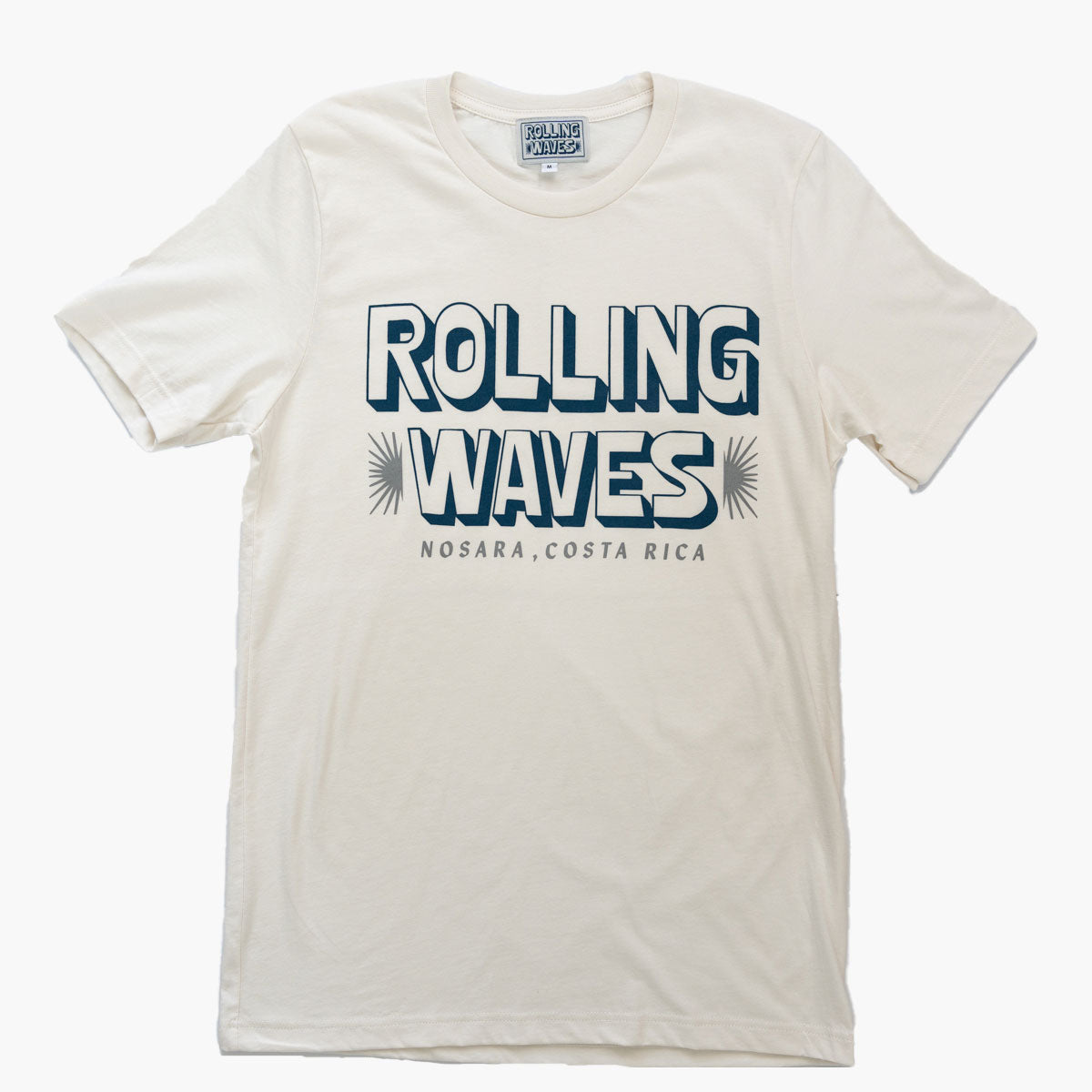 Foundation cream cotton t-shirt with large black block logo - limited edition unisex tee from Rolling Waves