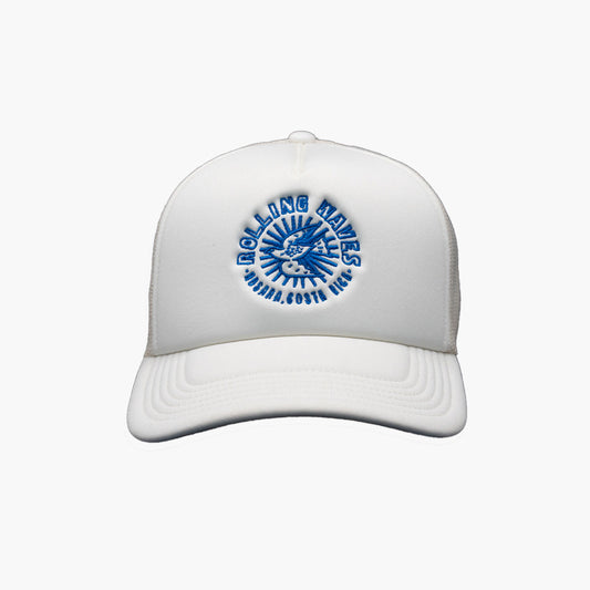 Front view of Rolling Waves West Coast Snapback in off-white with blue logo, high-profile foam snapback with recycled mesh back