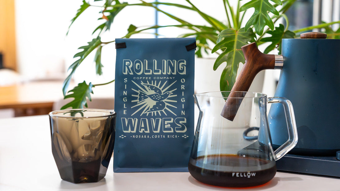 Palmichal single origin coffee bag from Tarrazu, Costa Rica, roasted by Bocanegra Coffee Roasters, available at Rolling Waves Nosara with notNeutral glass and Fellow kettle