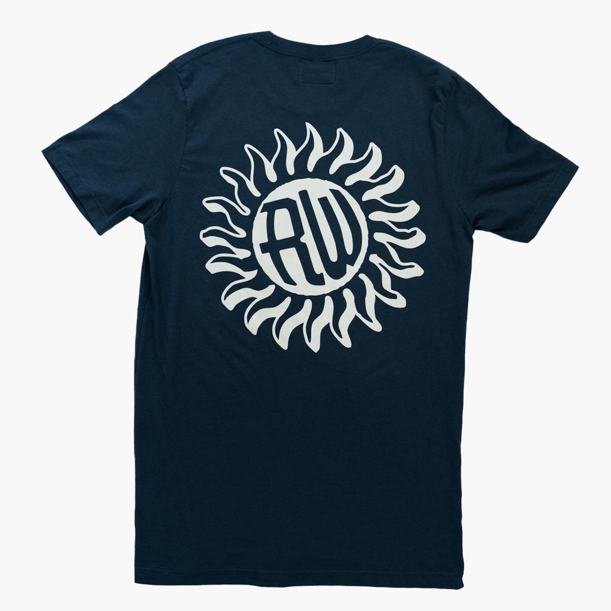 Navy blue t-shirt with a white sun design and logo on a white background