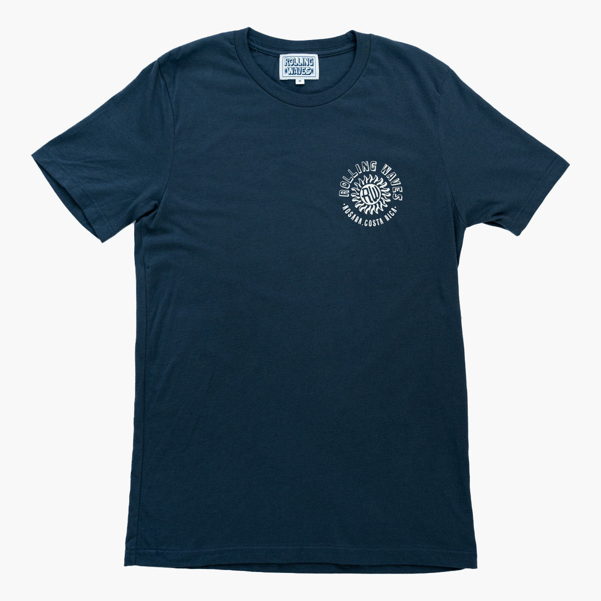 Navy blue t-shirt with a logo on the chest against a white background