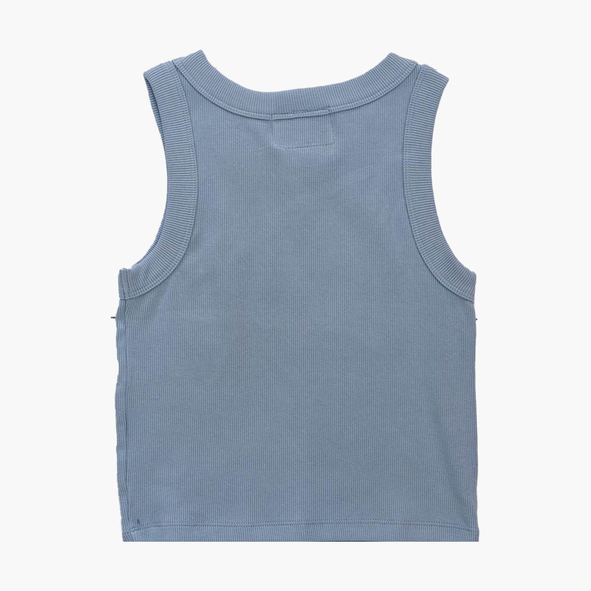 Back view of organic cotton cropped tank in soft blue - preshrunk premium quality