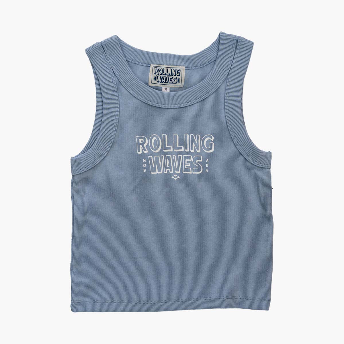 Soft blue organic cotton cropped tank top with block logo - slim fit women's tank from Rolling Waves