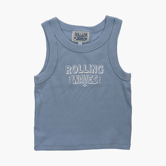 Soft blue organic cotton cropped tank top with block logo - slim fit women's tank from Rolling Waves