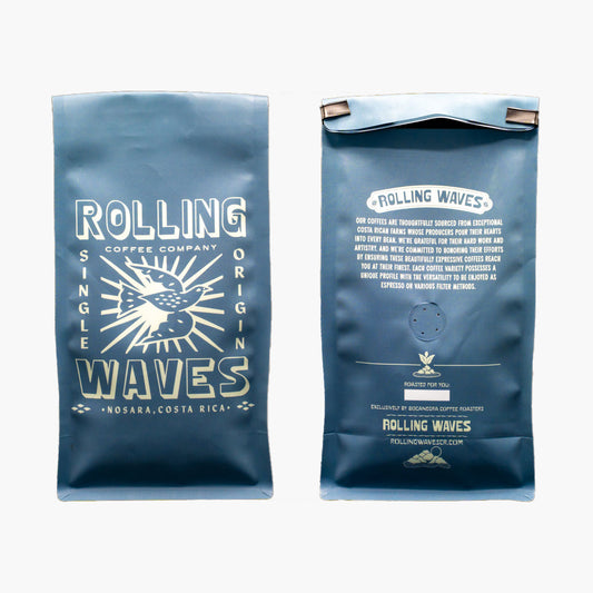 Front and back of Palmichal single origin coffee bag from Tarrazu, Costa Rica, roasted by Bocanegra Coffee Roasters, available at Rolling Waves Nosara