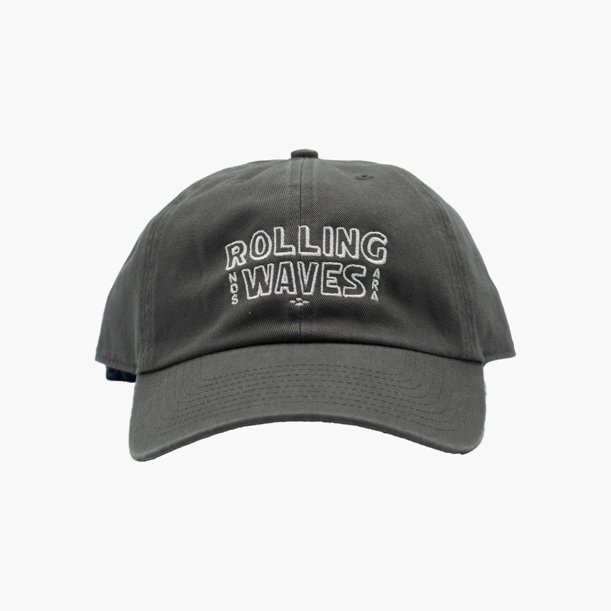Front view of Rolling Waves Everyday Cap in dark grey with off-white block logo, garment-washed cotton twill unstructured cap with adjustable fit