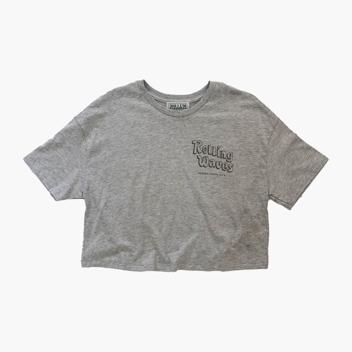 Grey Flow Crop women's cropped t-shirt with bubble logo, relaxed fit and oversized sleeves - Rolling Waves Nosara