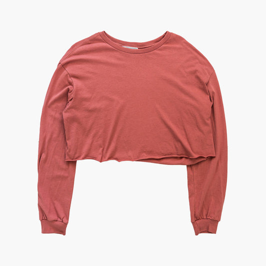 Reddish pink long-sleeve cropped tee with dropped shoulders and raw hem - Flow Crop Long-Sleeve from Rolling Waves