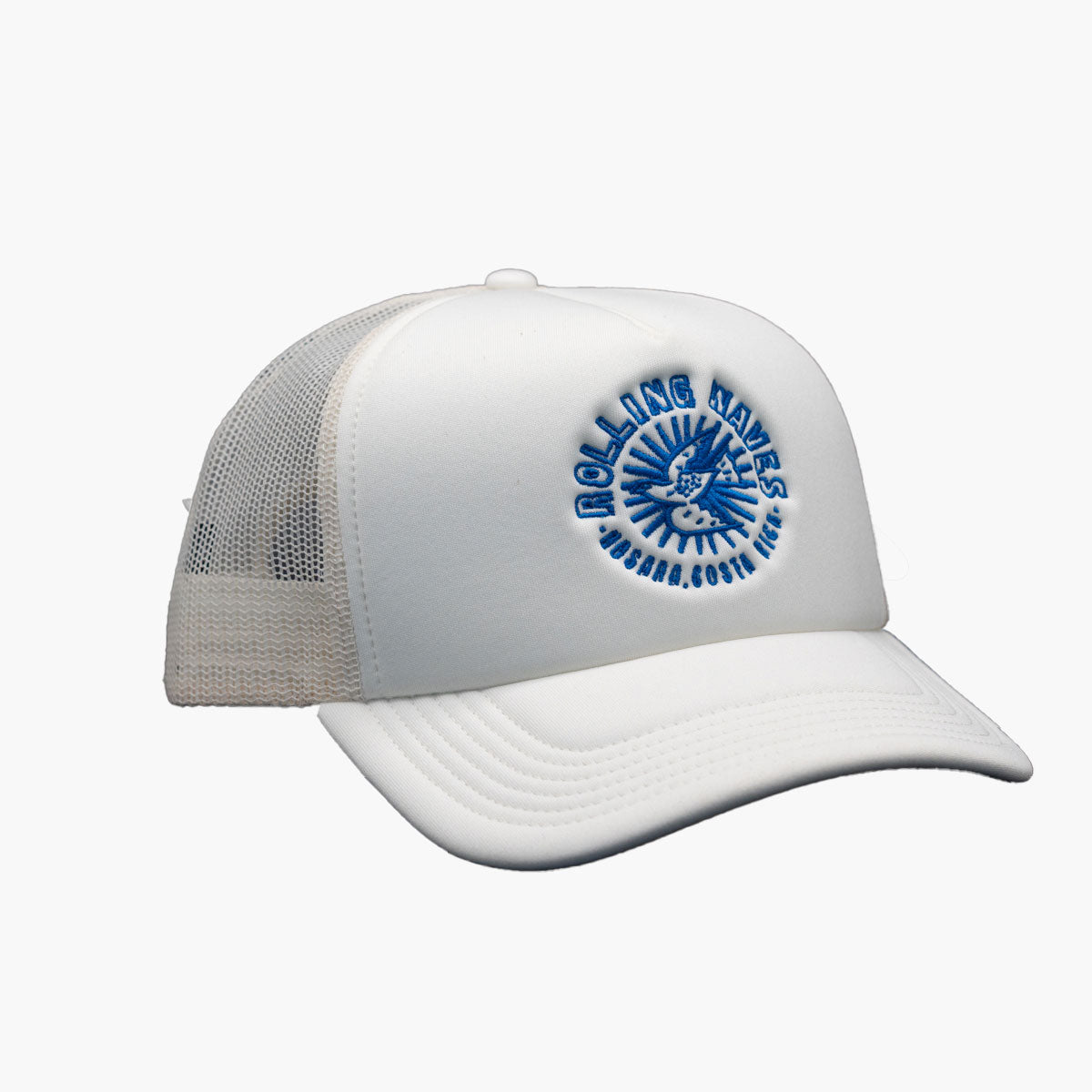 Side view of Rolling Waves West Coast Snapback in off-white with blue logo, high-profile foam snapback with recycled mesh back